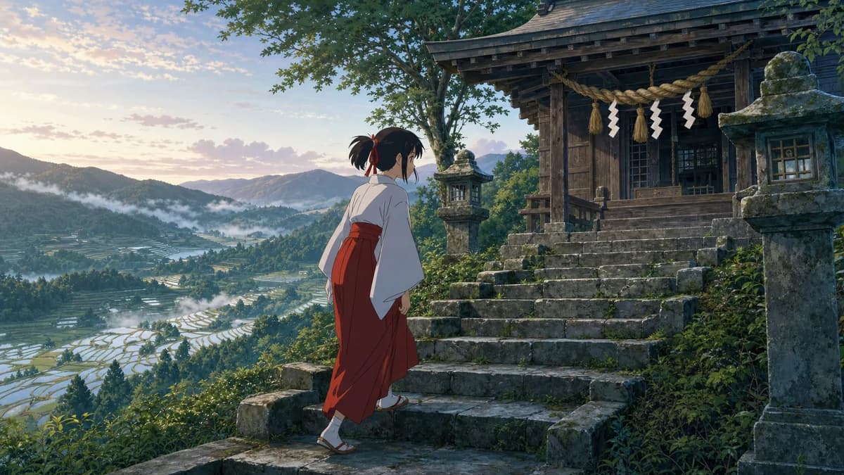 Mitsuha in shrine dress climbing worn stone steps to a small hilltop shrine at dawn.