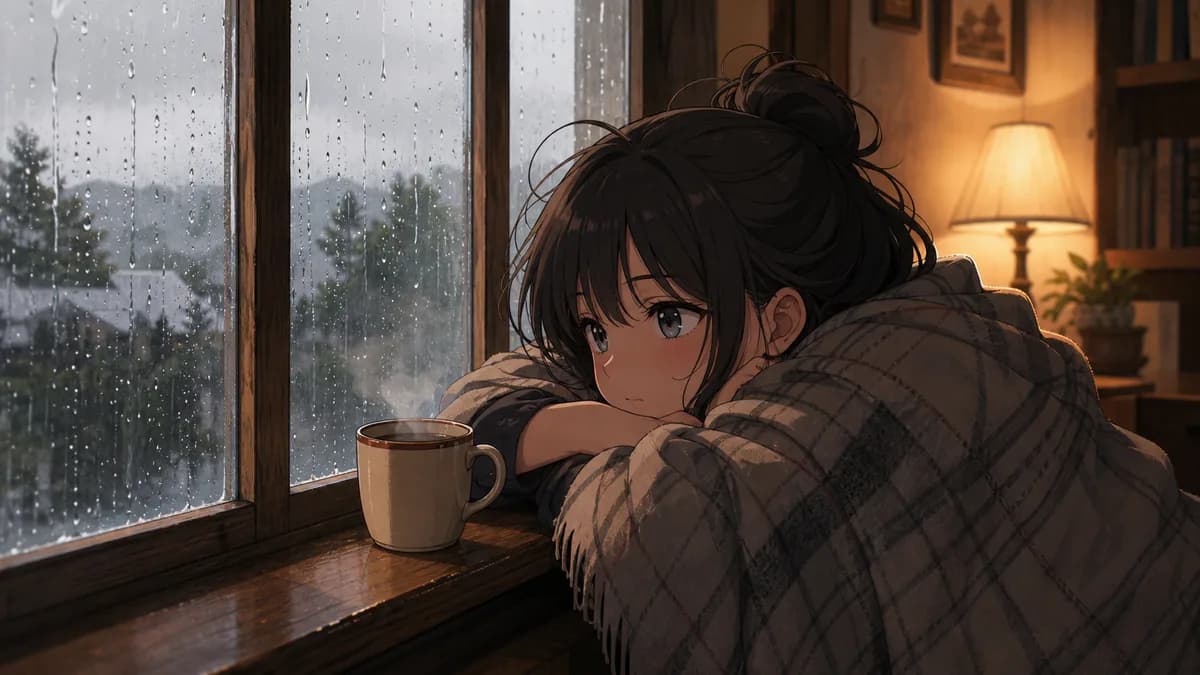 A girl resting her chin on her arms at a rainy window, a steaming mug on the sill.