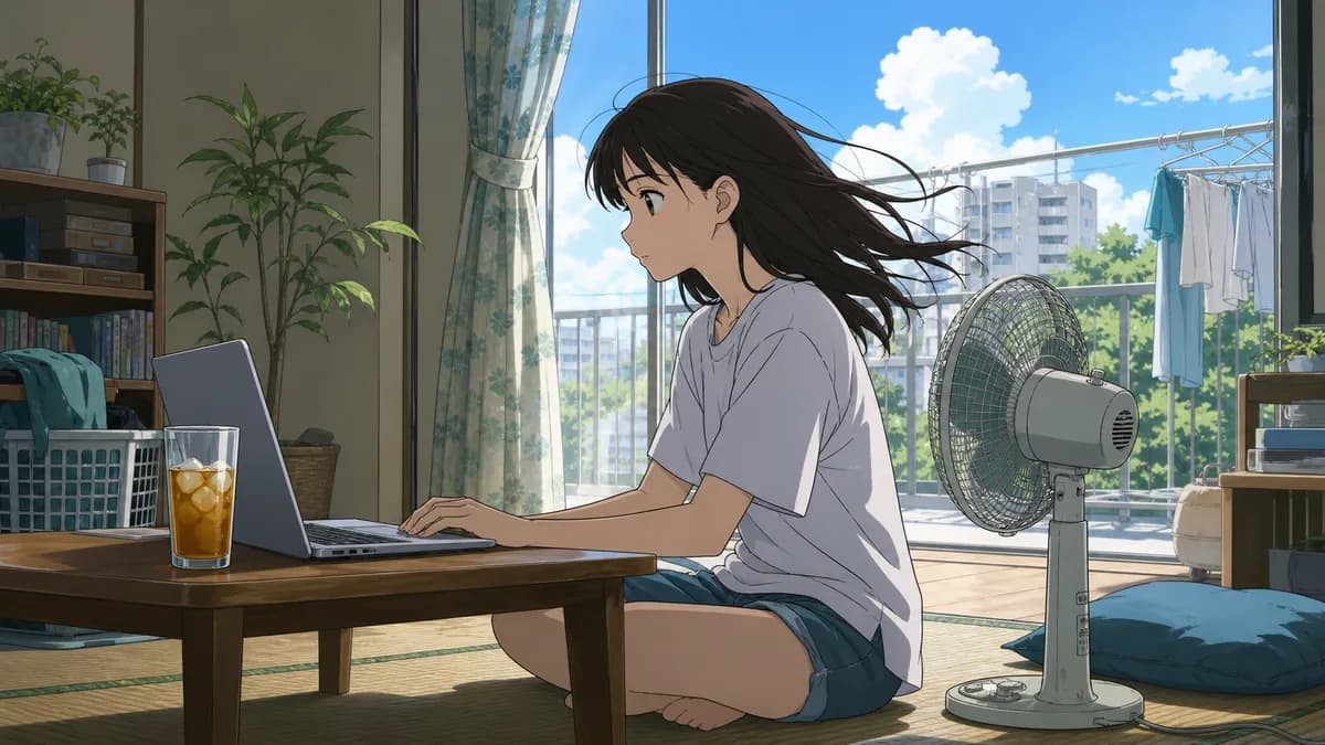 A girl watching a show on a laptop in a hot summer room, electric fan running beside her.