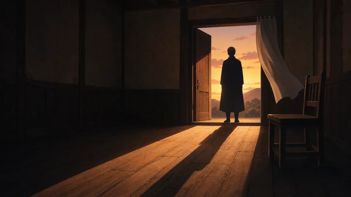 A quiet, beautiful frame of a figure standing in a doorway with light behind them.