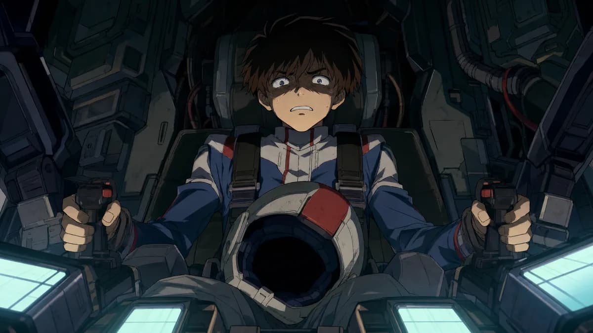 A teenage pilot in a cramped cockpit, lit by screens, looking ill rather than heroic.