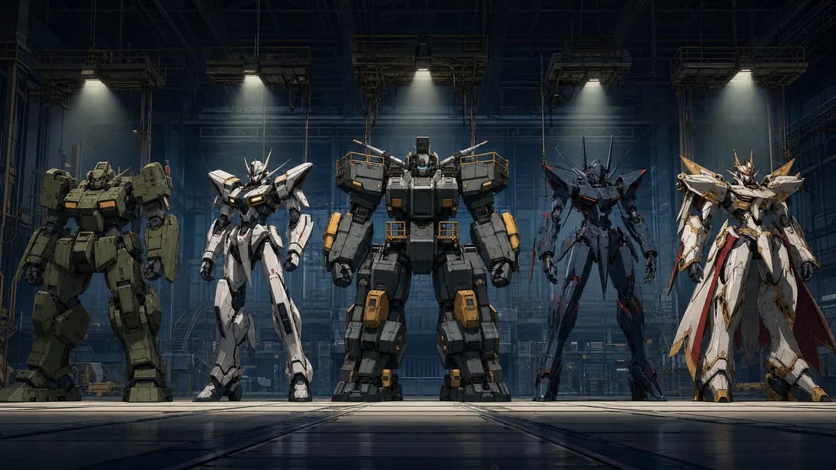 Five very different mecha standing in a row, each a distinct silhouette and era.