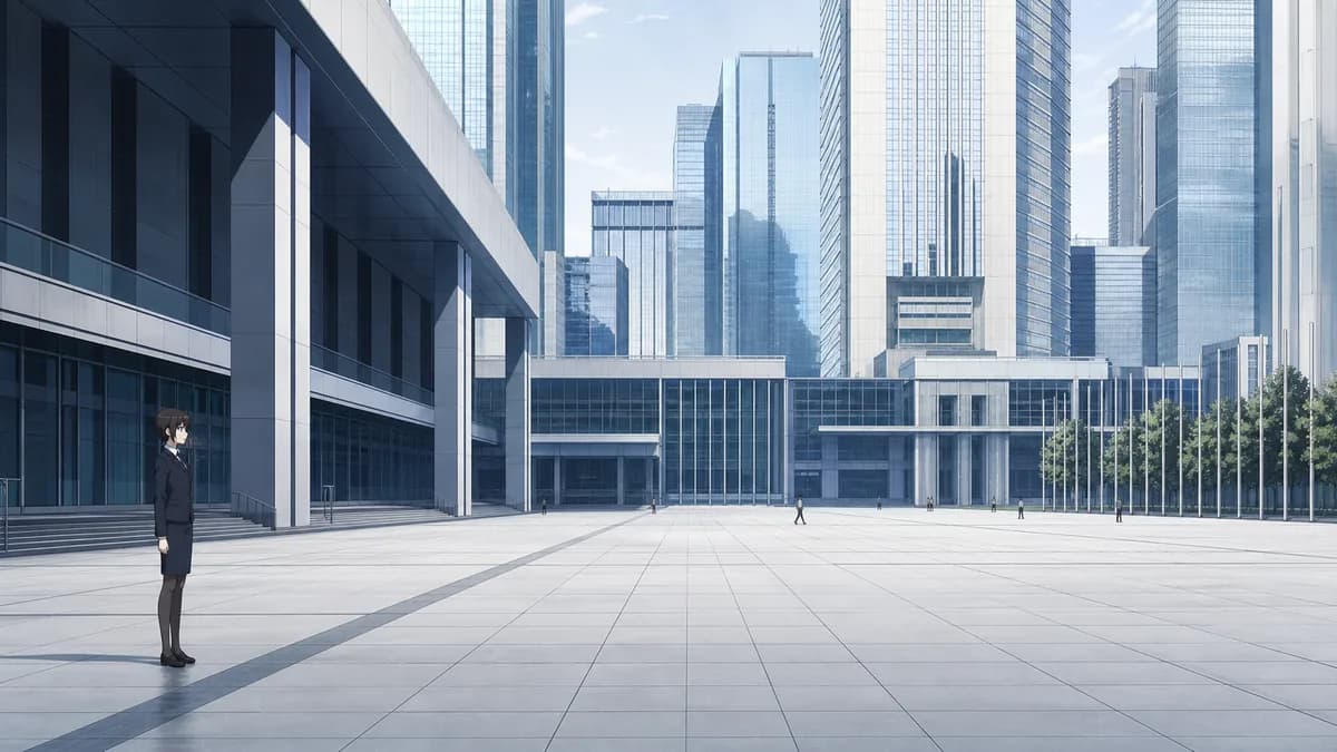 Akane standing small in a spotless plaza of glass towers and hard geometry.