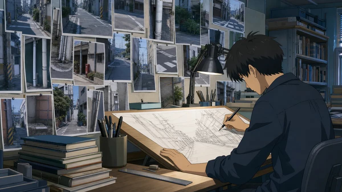 An animator drawing a street from a wall of photographic reference pinned above the desk.