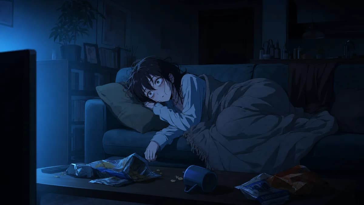 A fan slumped on a couch at 3am lit only by the screen, snacks scattered around them.