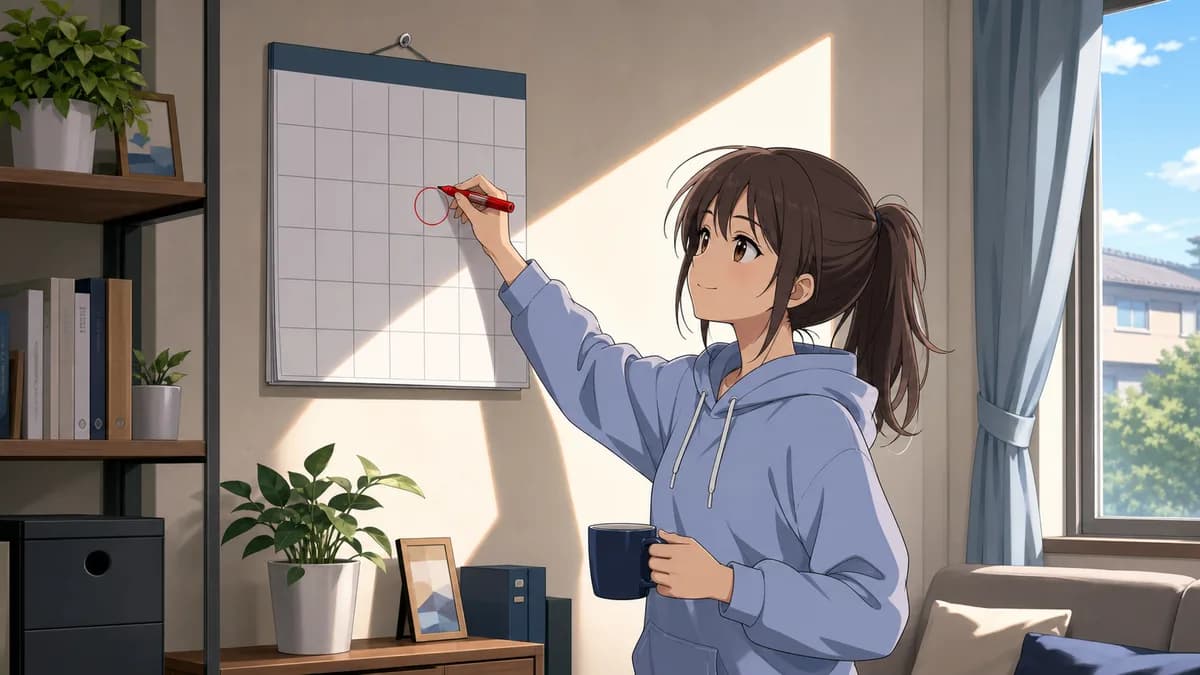 A fan circling a date on a wall calendar in bright morning light, coffee in hand.