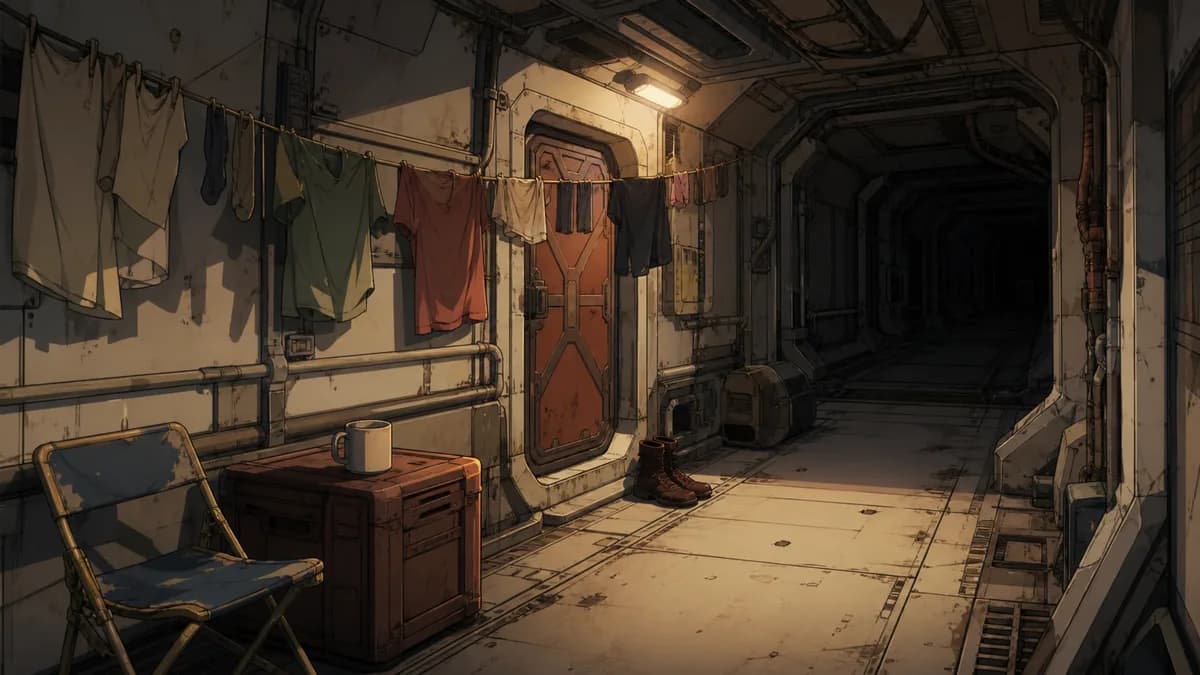 The lived-in interior of a working spaceship, laundry strung across the corridor.