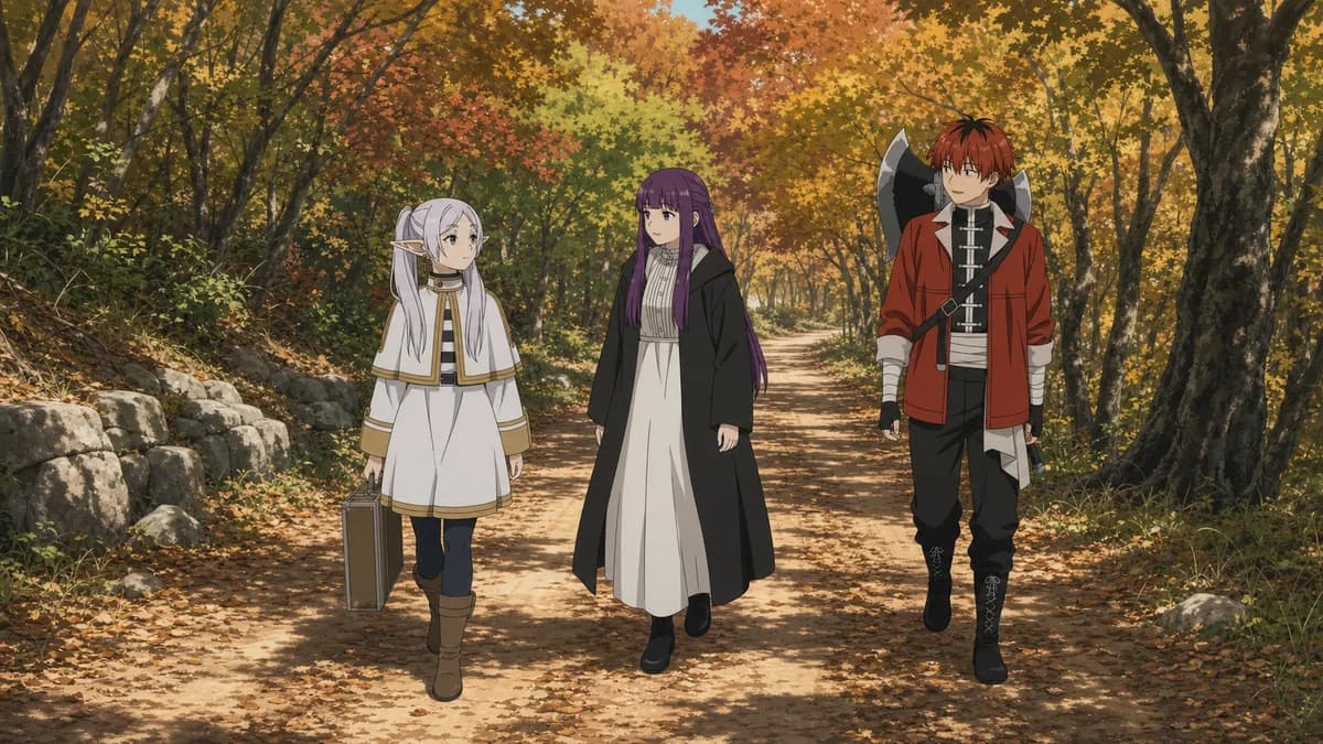 Frieren, Fern and Stark walking a forest road together in autumn light.