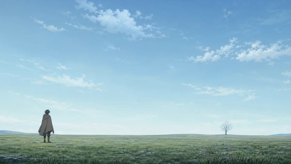 A single small figure standing still in a wide empty landscape, nothing happening.