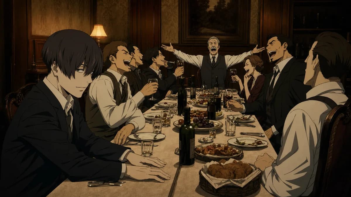 A crime family at a long dinner table, warm and laughing, one man at the end not really there.