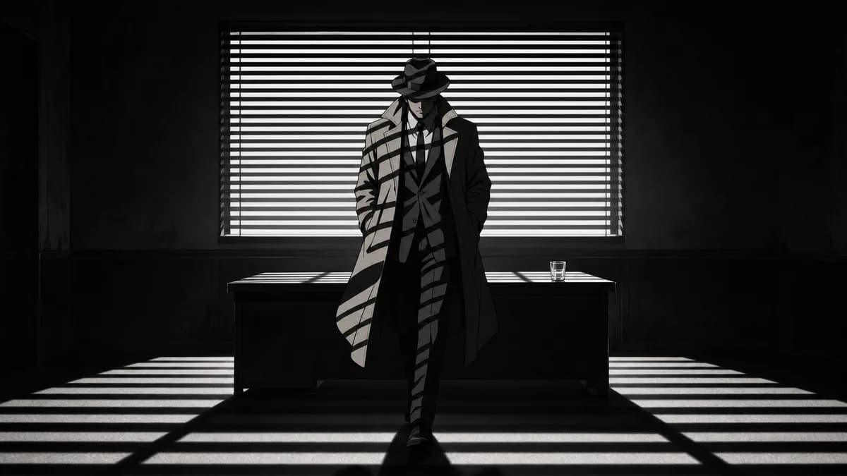 A figure in a hat crossing a room cut into hard stripes by light through window blinds.
