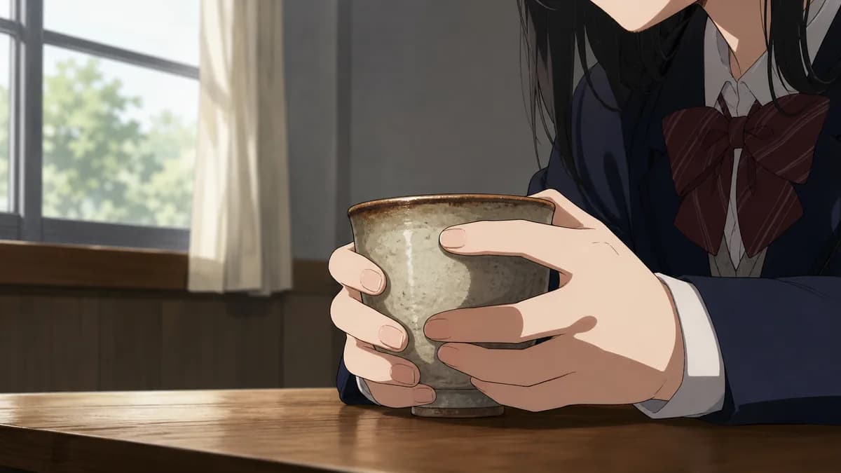 A close view of a girl's hands turning a teacup on a table, caught mid-hesitation.