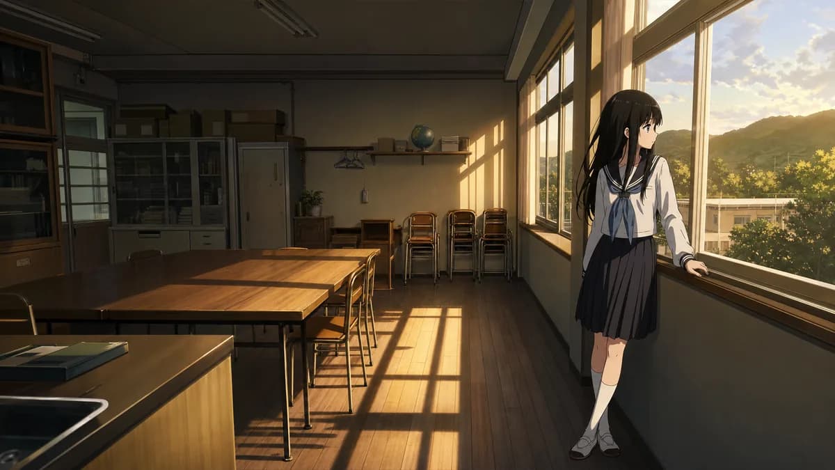 An empty school clubroom filled with low amber late-afternoon light.