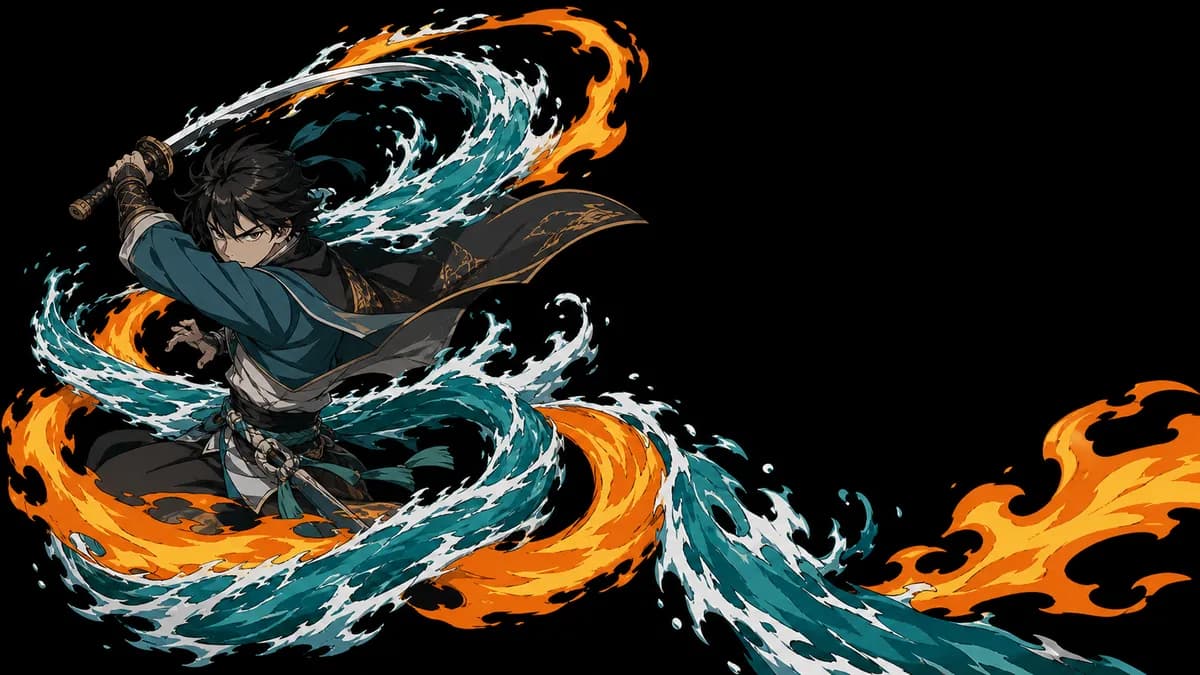 A swordsman mid-technique with fire and water spiralling around him in painted ribbon shapes.