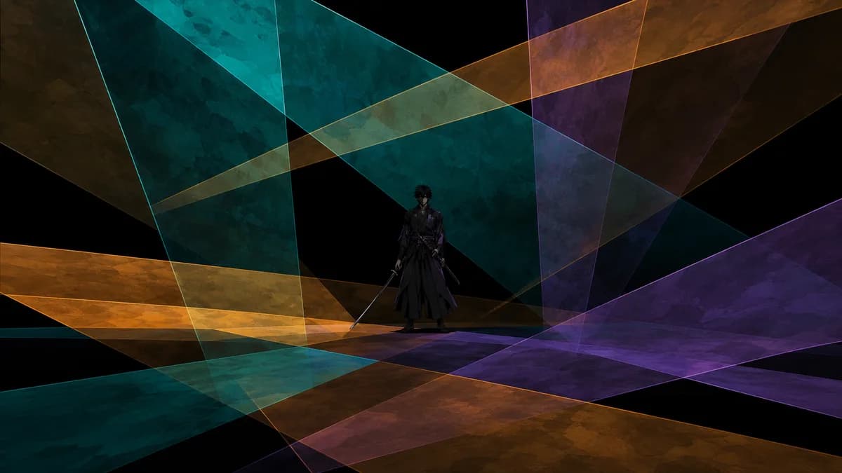 A lone swordsman standing amid huge overlapping planes of coloured translucent light.