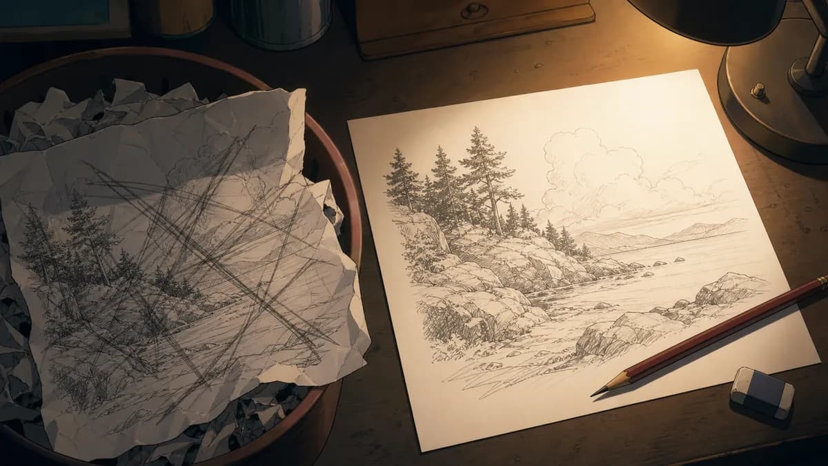 An animator's desk with a crumpled first version beside a clean second one.