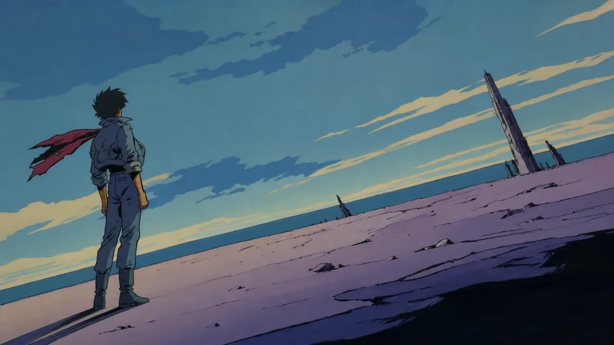 A deliberately odd, rough-edged frame from an older show, all wrong angles and flat colour.