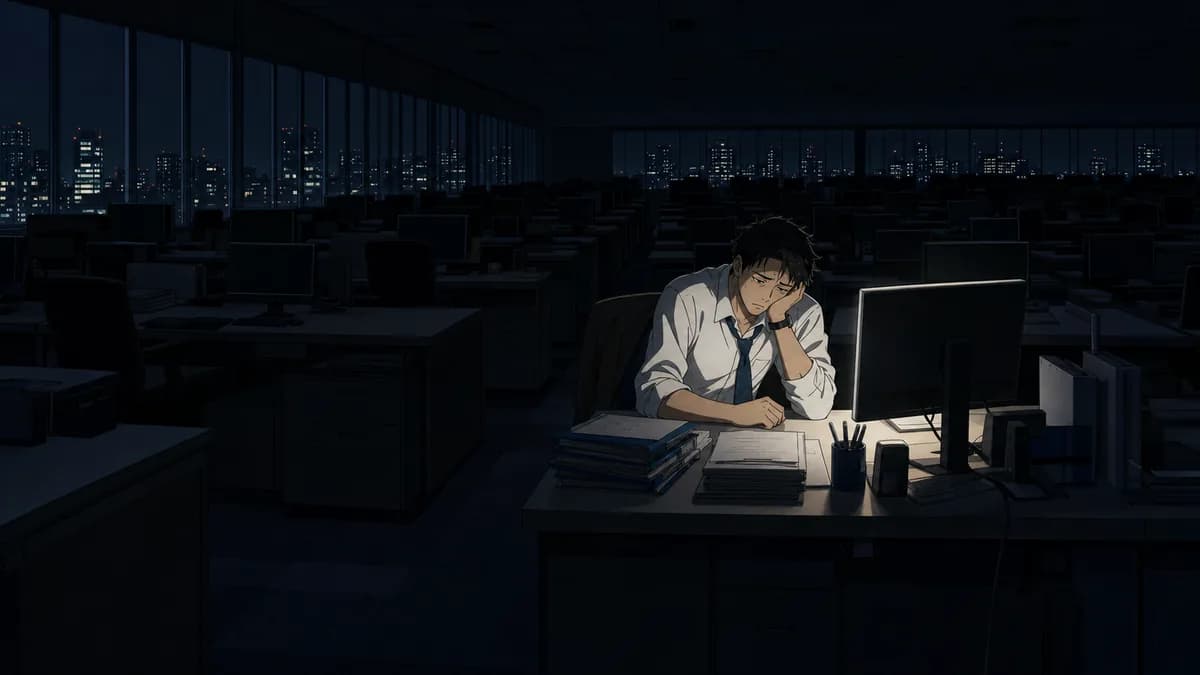 An exhausted office worker slumped at the only lit desk in a dark open-plan floor at night.