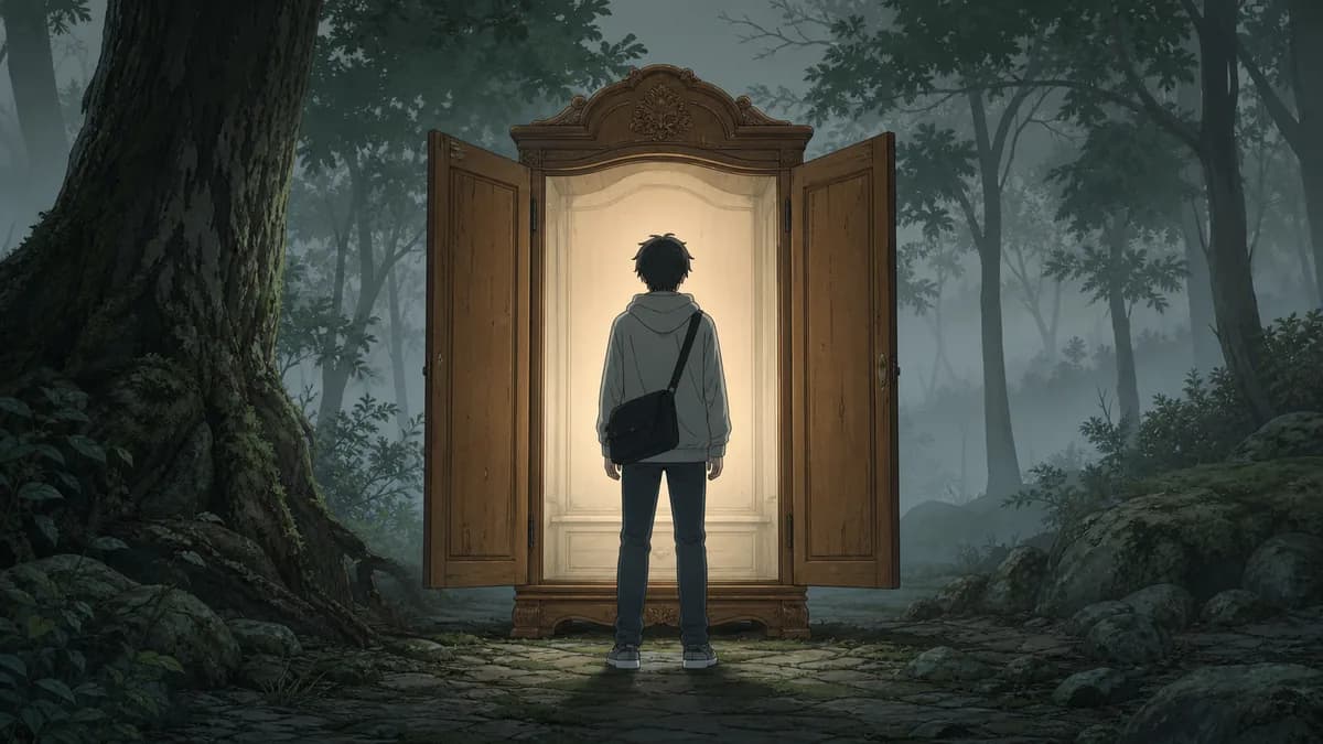 A young traveller in modern clothes standing before a glowing doorway in a misty forest.