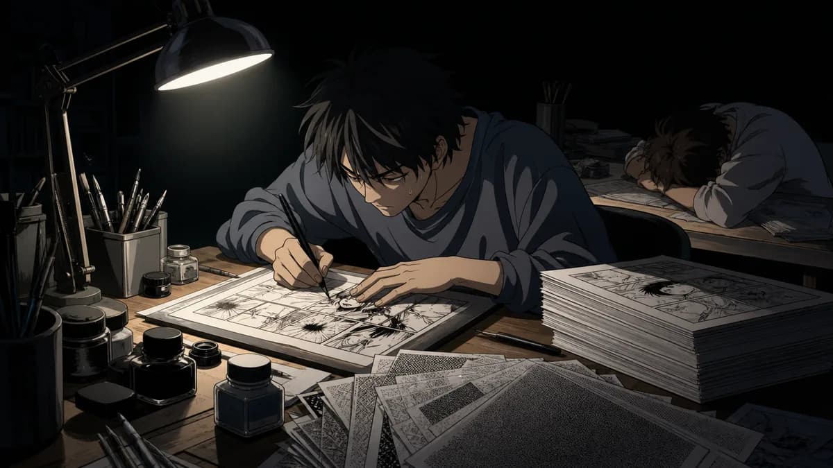 A manga artist inking pages alone at a cluttered desk deep into the night.