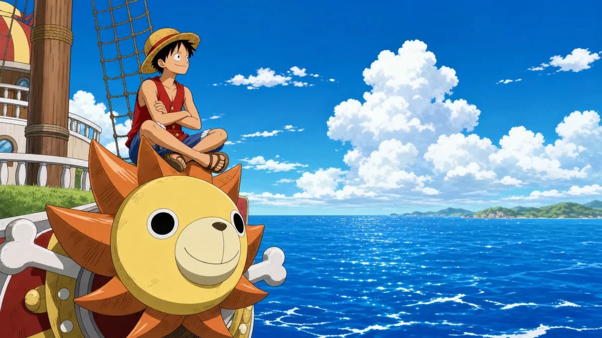 Luffy sitting on the Thousand Sunny's lion figurehead as the ship sails an open sea.