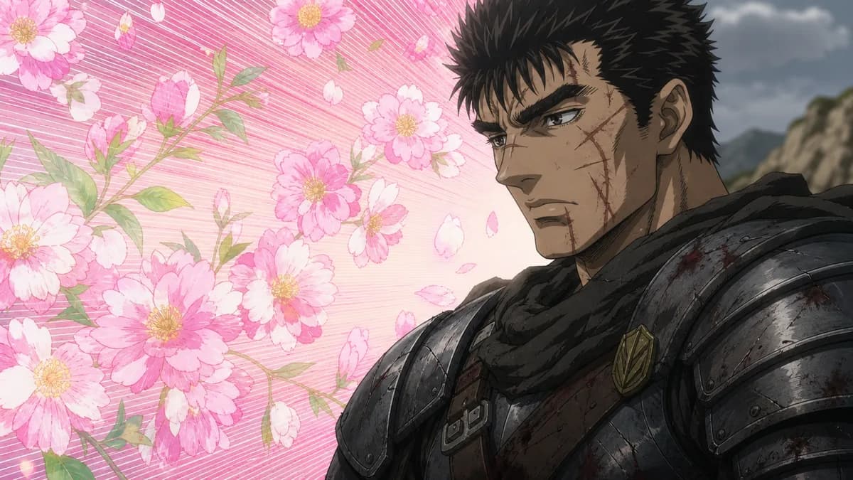 The soft floral device used on a scarred fighter in armour, entirely straight-faced.