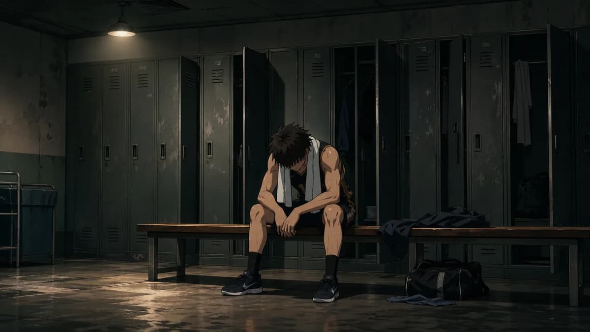 A player sitting alone on a locker-room bench after a loss, towel over their shoulders.