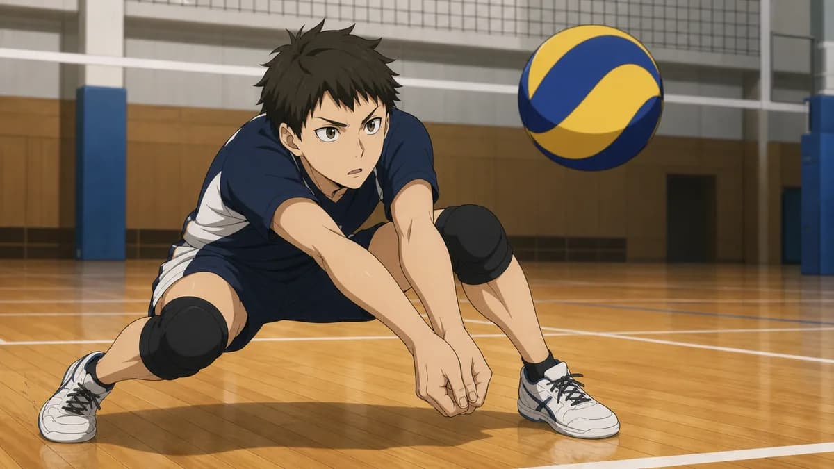 A player low in a receive stance as the ball drops toward their forearms.