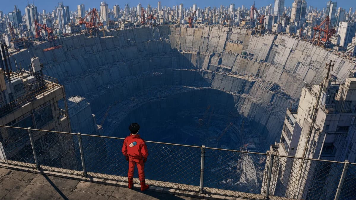 Kaneda standing at a chain-link fence above the vast crater at the centre of Neo-Tokyo.