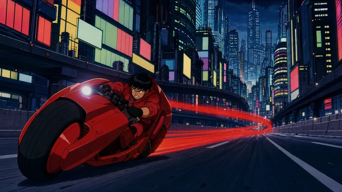 Kaneda's red bike streaking through a dense neon Neo-Tokyo street, light trailing behind.