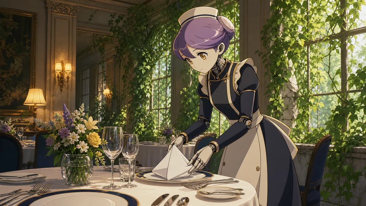 Yachiyo setting a perfect table for guests who will not come, vines at the window.