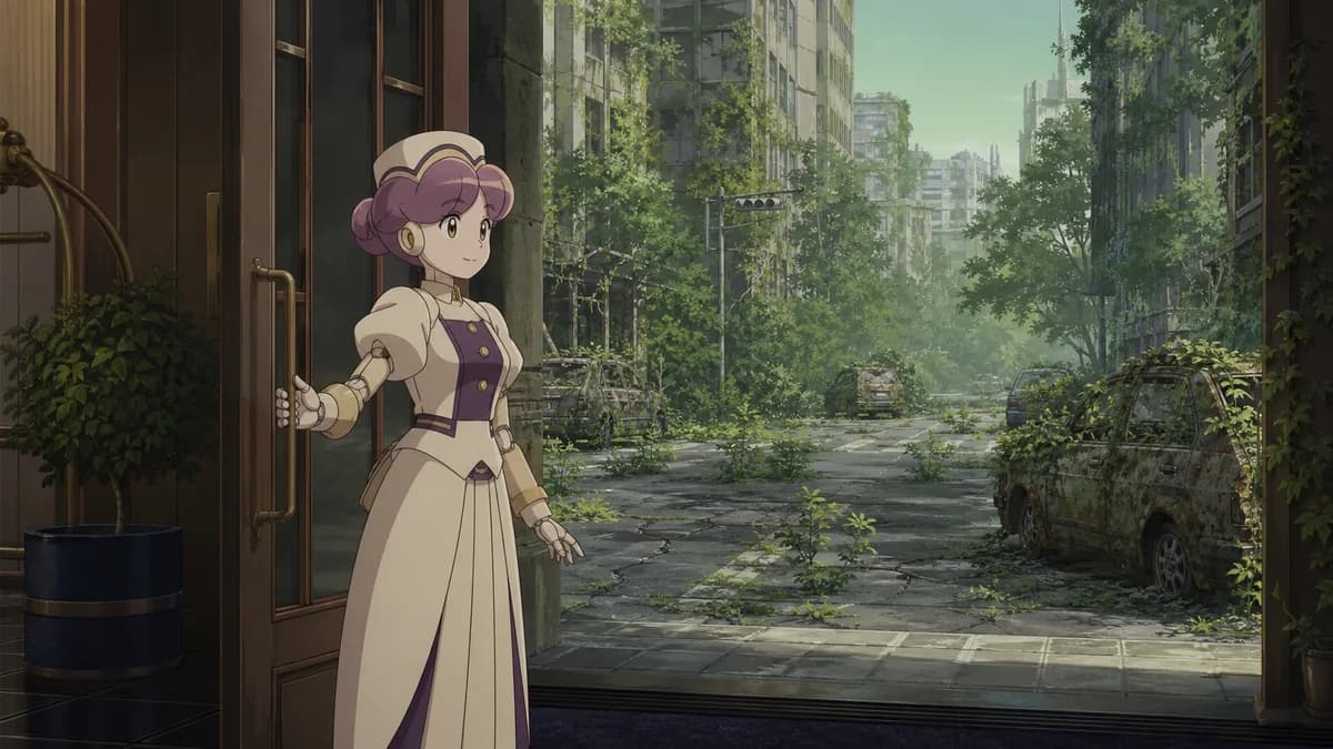Yachiyo standing in the doorway of the hotel, looking out at an overgrown empty Tokyo street.