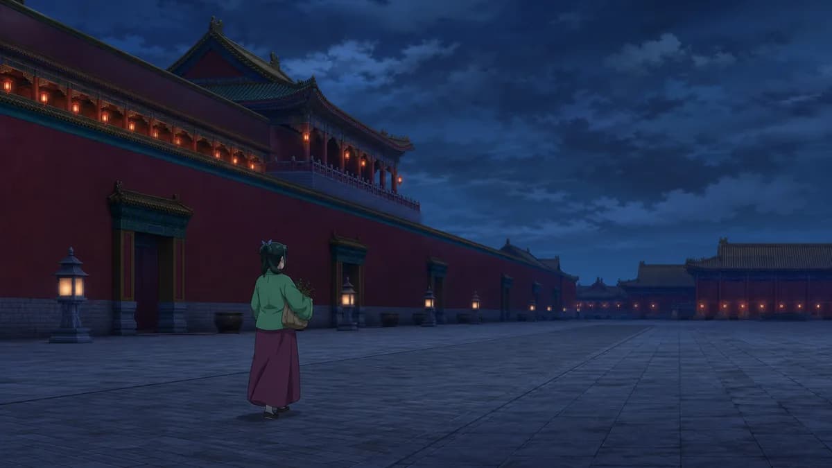 Maomao in plain servant robes crossing a vast red-walled imperial palace courtyard, dwarfed by the architecture.