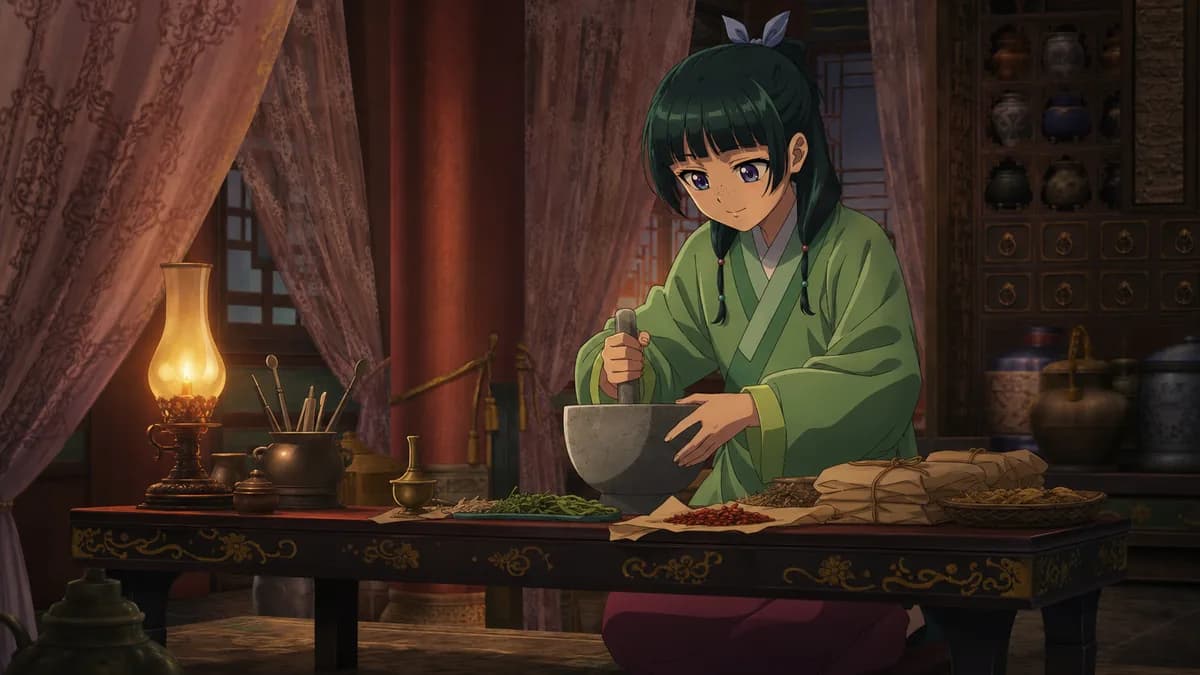 Maomao grinding herbs at a low table by lamplight, layered silk hangings behind her.