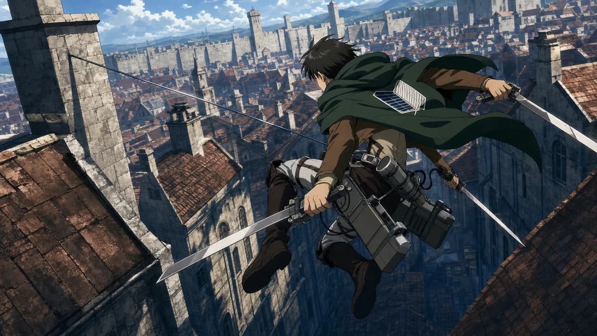 A Survey Corps soldier mid-flight on ODM gear between the rooftops of a stone town.