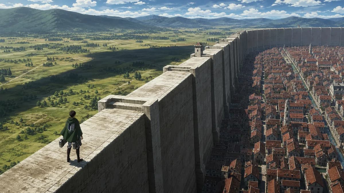 A lone Survey Corps scout on top of the colossal wall, dwarfed by it, the town far below inside.