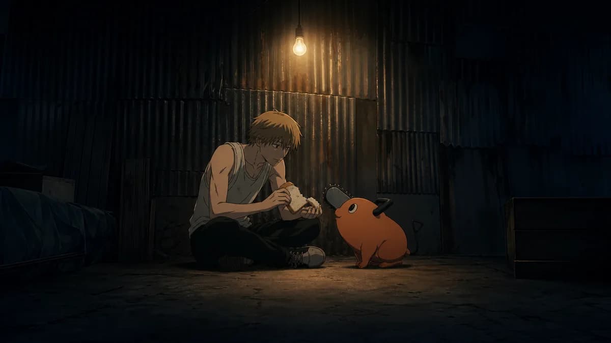 Denji sitting on the floor of his corrugated-metal shack at night with Pochita, lit by one bare bulb.
