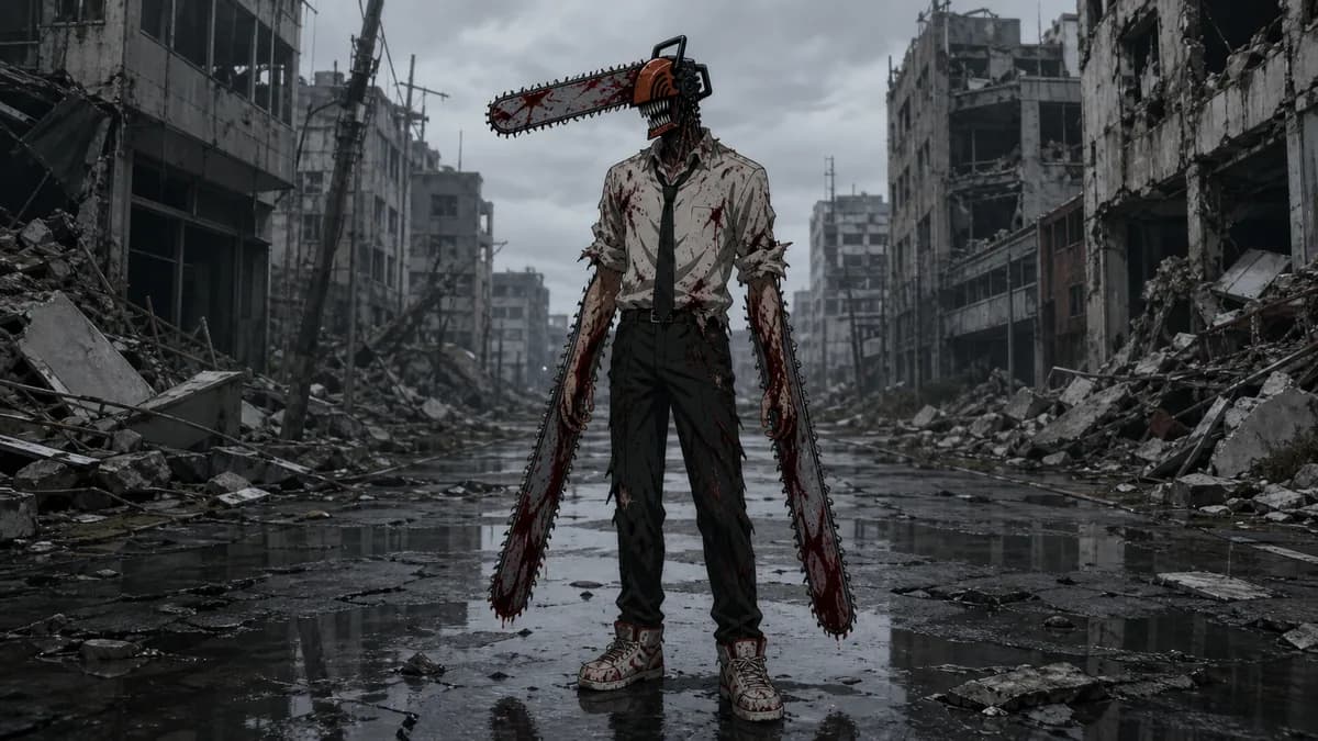 Denji in his chainsaw devil form standing in a wrecked street, shot flat and grounded like live action.