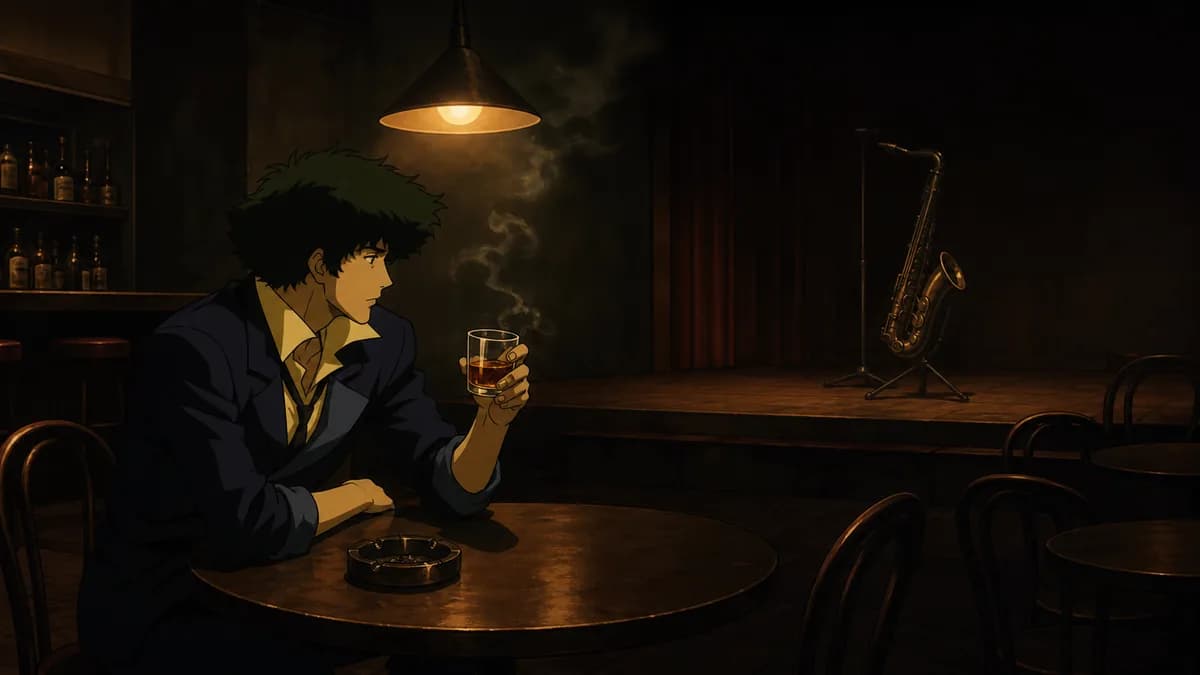 Spike alone in a smoky jazz bar at night, one warm lamp over the empty stage.
