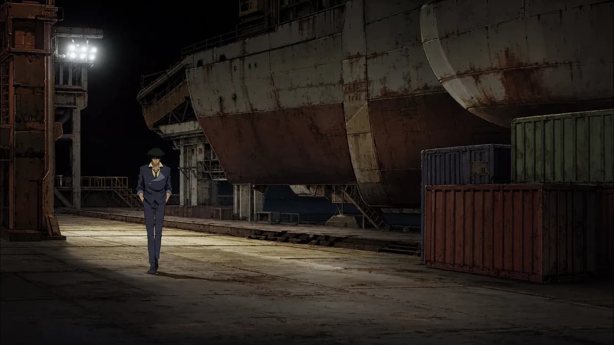 Spike walking a run-down orbital dock past stacked cargo containers.