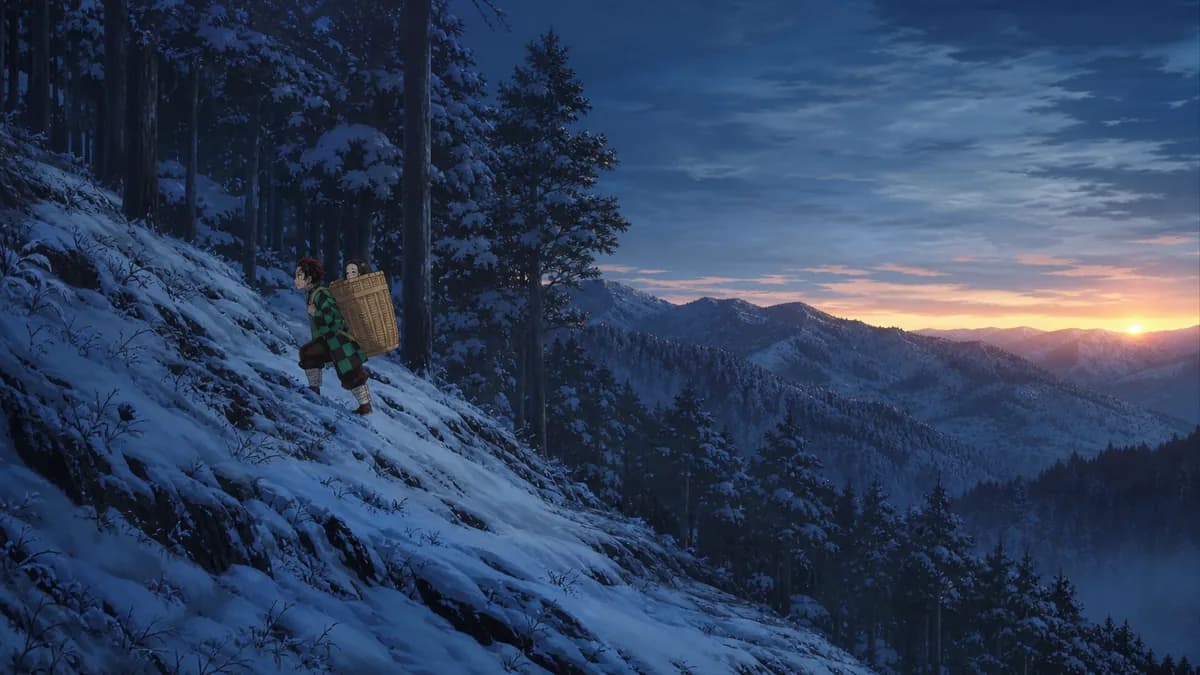 A moonlit, snow-covered mountain ridge in rural Taisho-era Japan, with a sheathed katana resting against a boulder in the foreground and a few lantern-lit village rooftops far below in the valley.