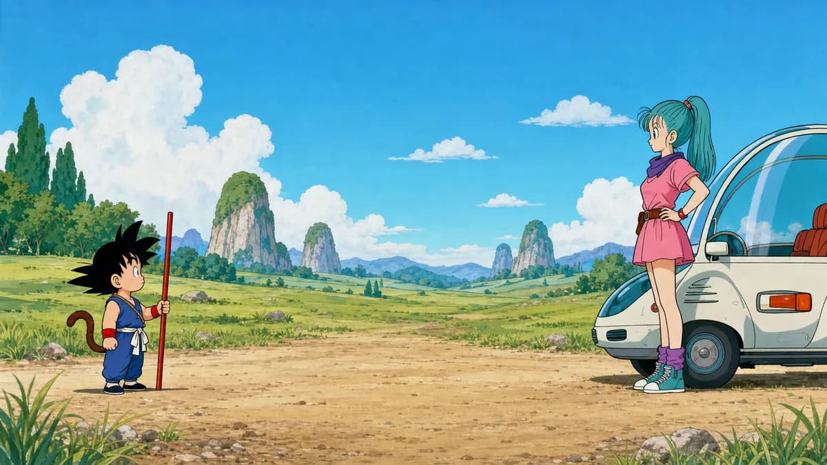 Goku meeting Bulma on an empty dirt road beside her small aircar.