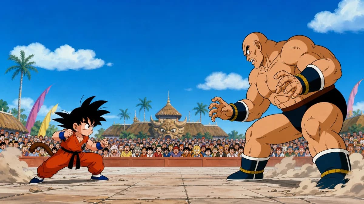 Goku braced against a much larger opponent on the tournament ring under a hot sky.