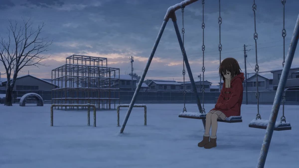Kayo alone on a snow-covered playground swing at dusk in a thin coat.