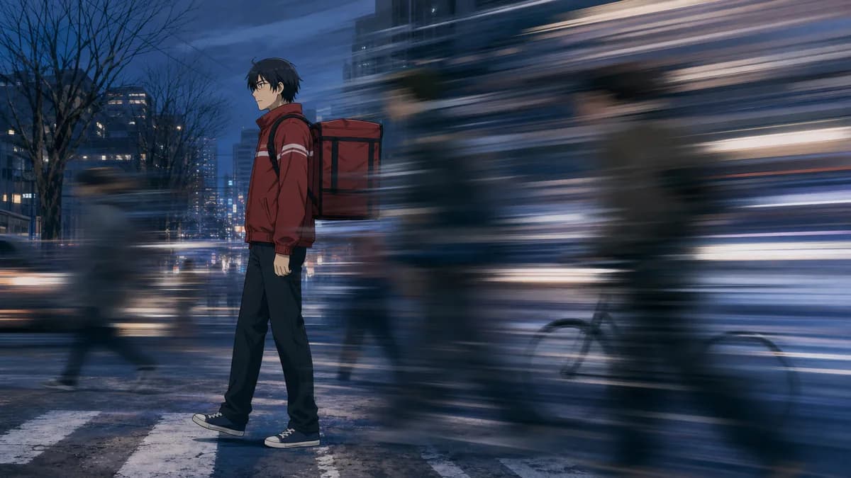 An adult Satoru frozen mid-step on a city street as the world around him pulls backwards.
