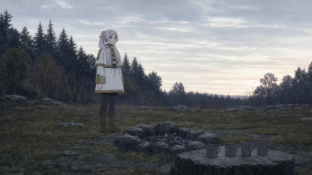 Frieren standing alone at a cold campsite at dawn, the fire long out.