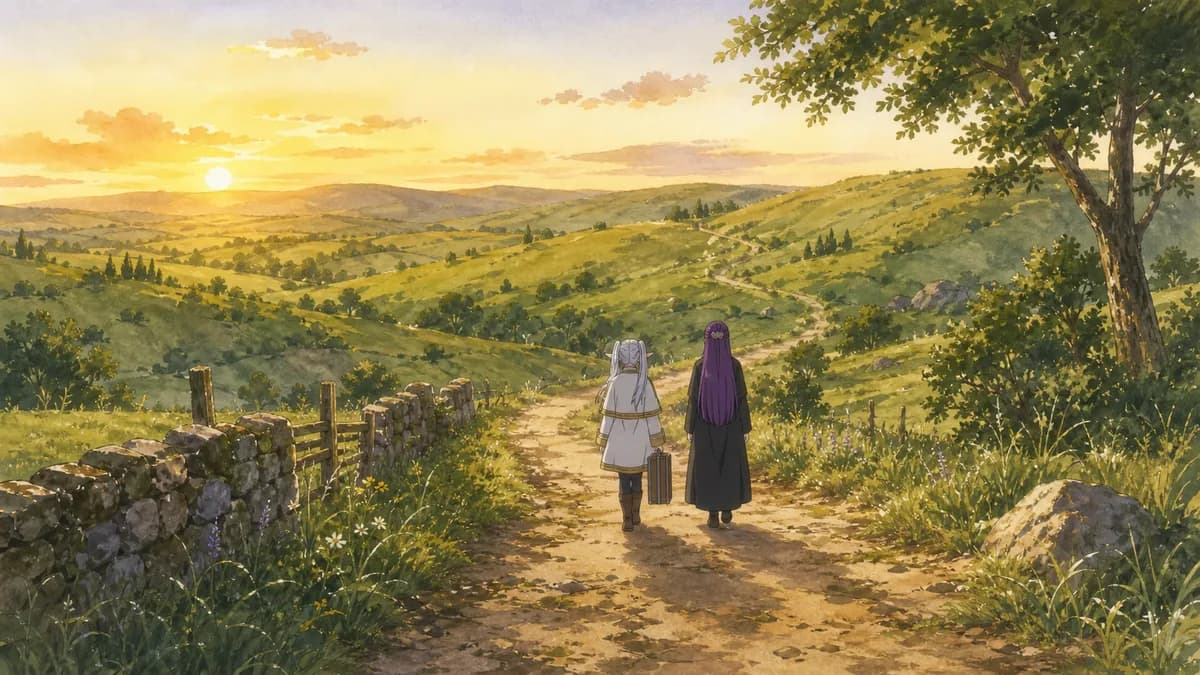 Frieren and her apprentice Fern walking a dirt road through rolling countryside at golden hour.