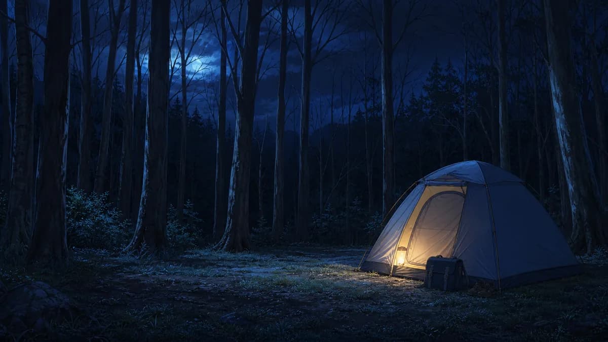 Tohru's small tent pitched alone in the woods at night with a lantern inside it.