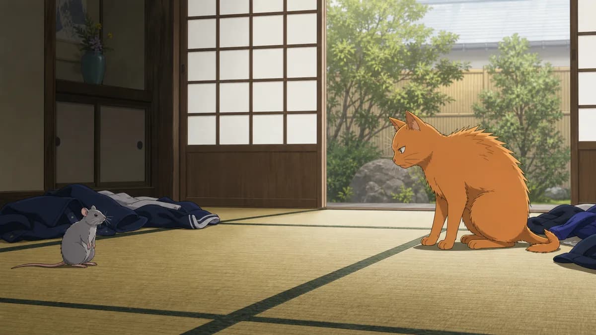 An orange cat and a grey rat sitting warily on opposite sides of a tatami room.