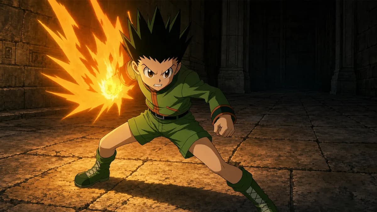 Gon braced in a fighting stance with a bright aura flaring around his fist in a dark hall.